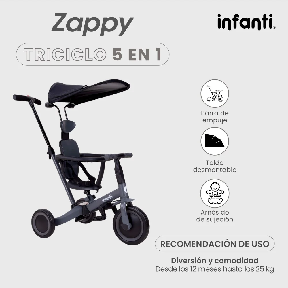 Triciclo Evolutivo 5 En 1 Infanti Zappy Con Barra De Empuje - Imagen 2