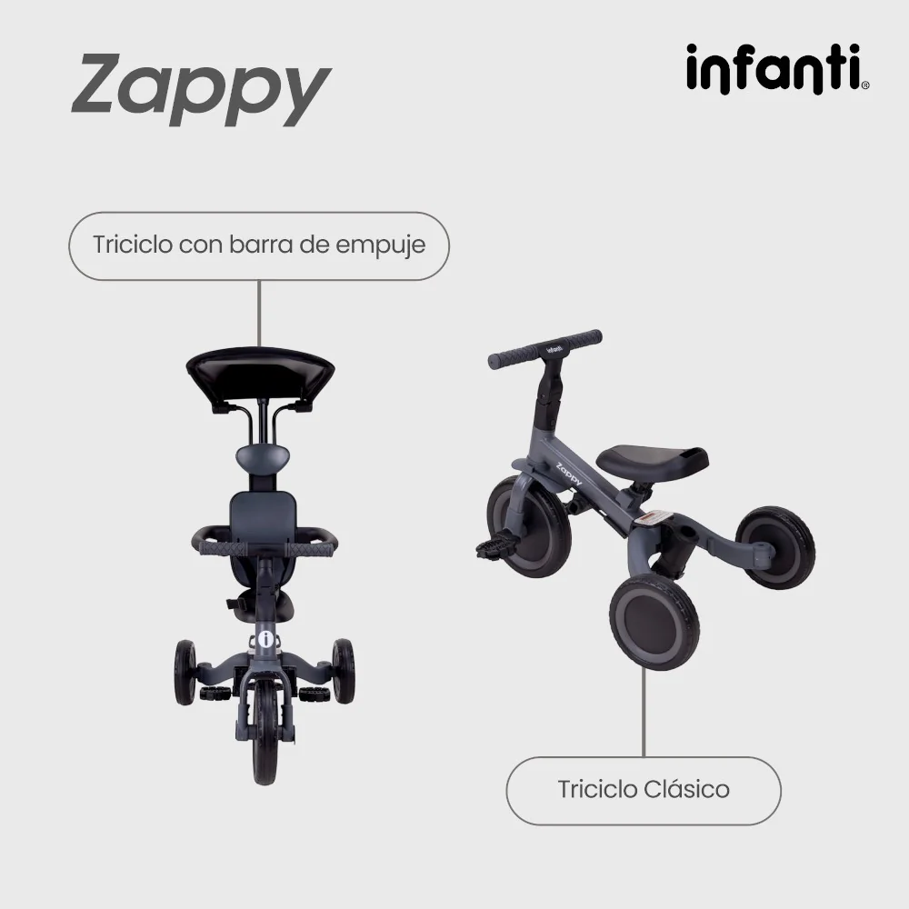 Triciclo Evolutivo 5 En 1 Infanti Zappy Con Barra De Empuje - Imagen 4